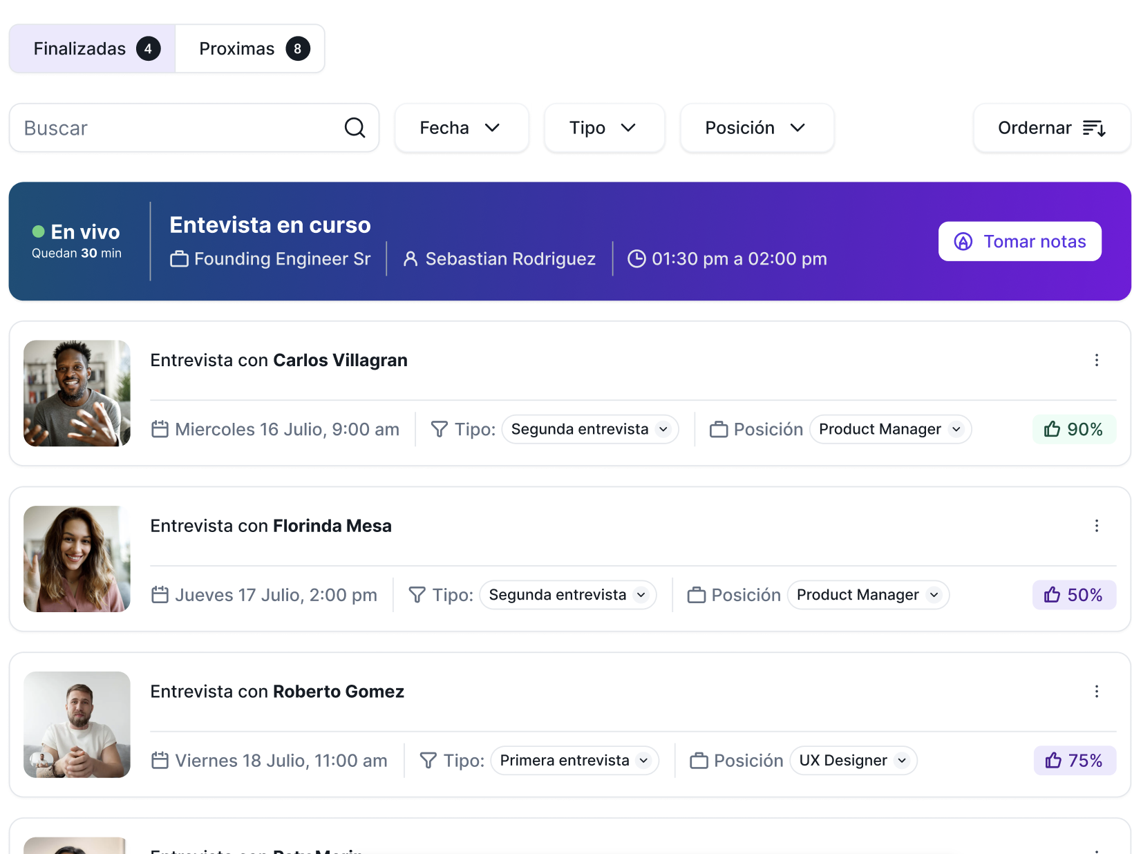 Dashboard de entrevistas de Selenios